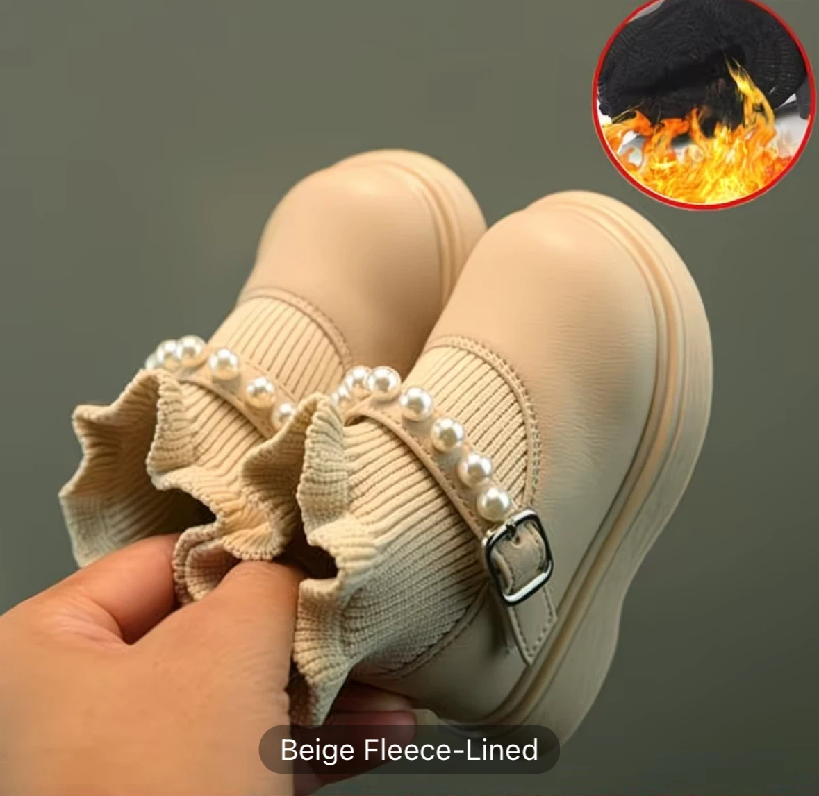 Beige Kids Fleece-Lined Pearl Boots - photo 3