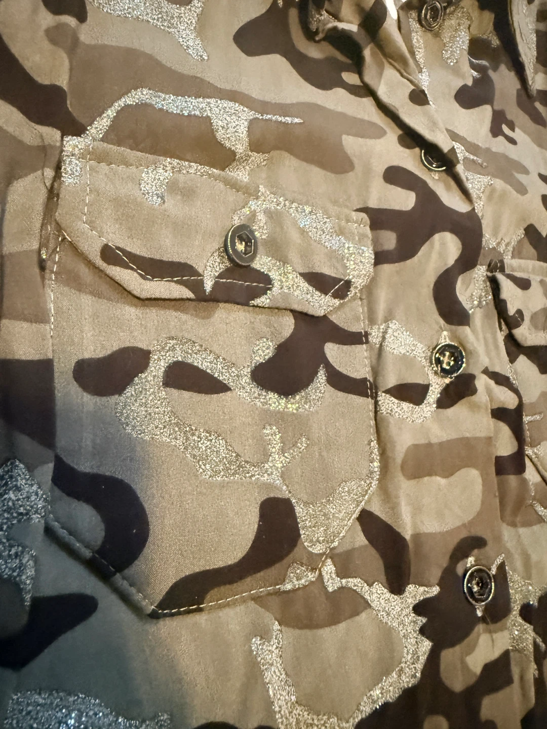 Camo Button-Down Shirt with Glitter Detail - photo 2