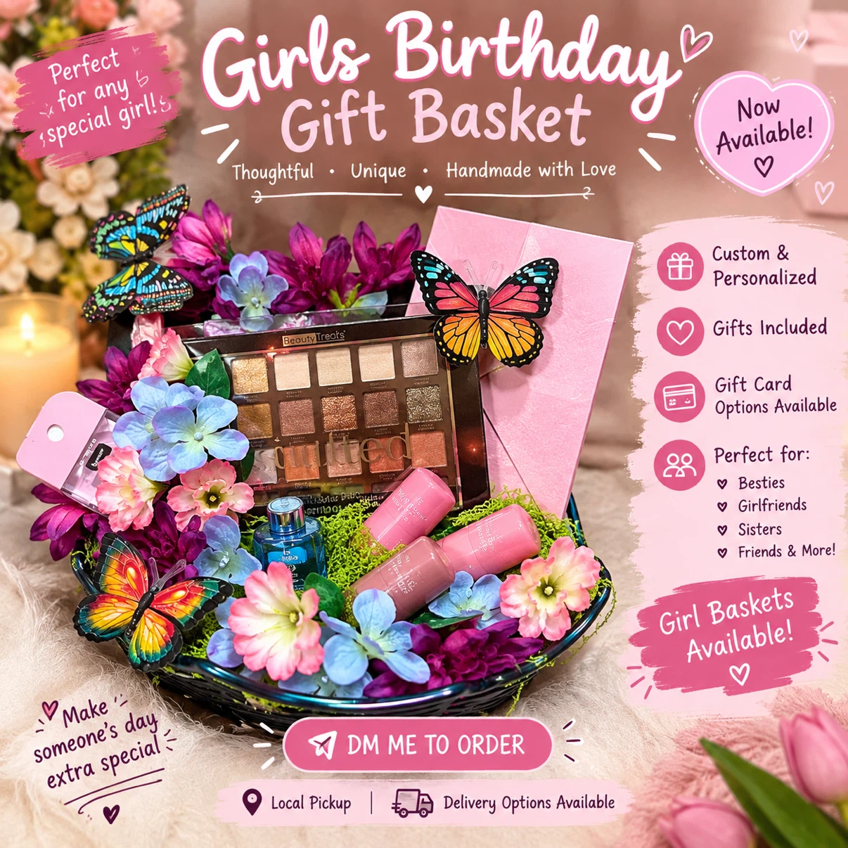Girls Birthday Gift Basket with Cosmetics
