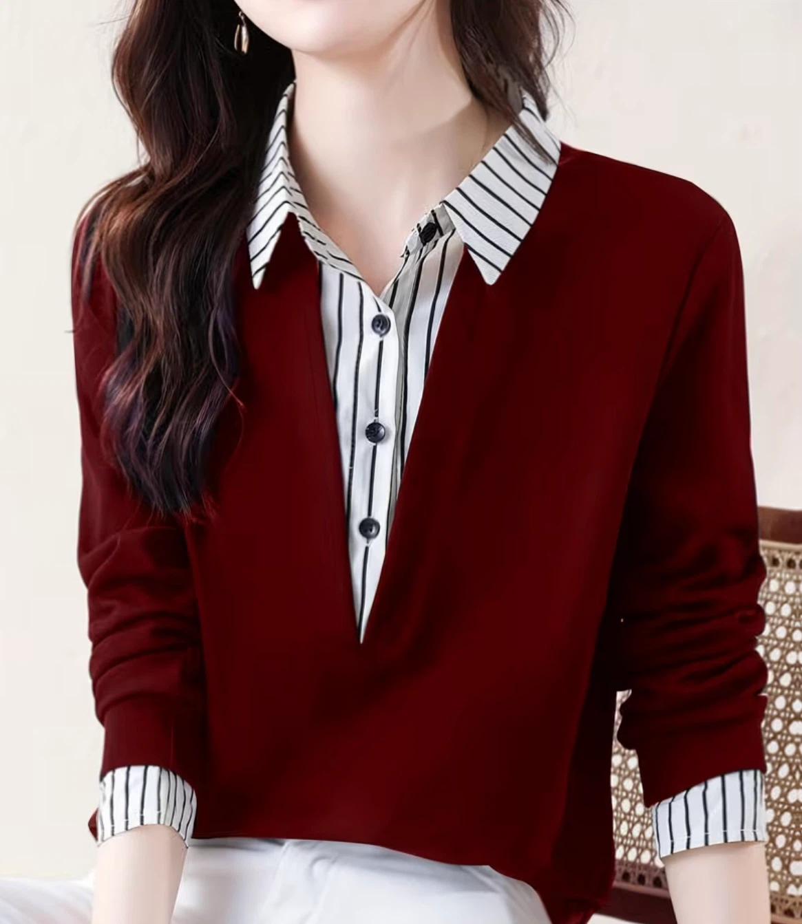 Women’s Red Long Sleeve Collared Shirt