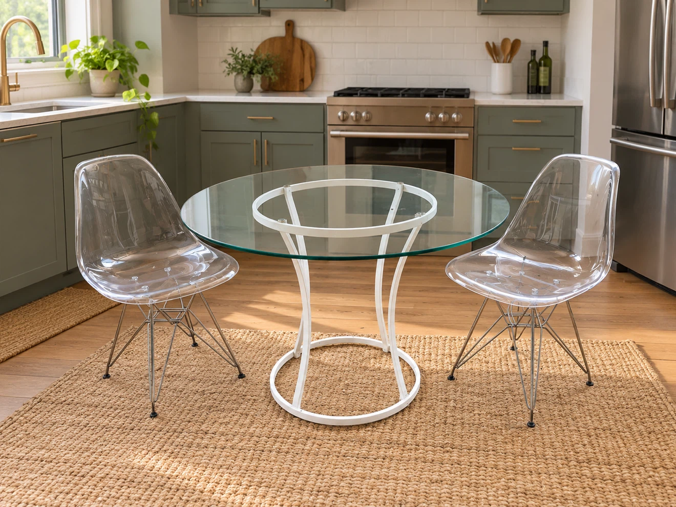 Clear Eames-Style Chairs and Glass Dining Table Set