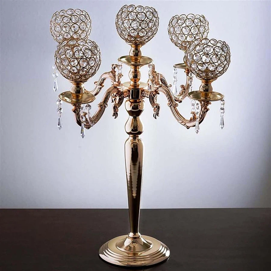Gold Crystal Beaded 5-Arm Candelabra