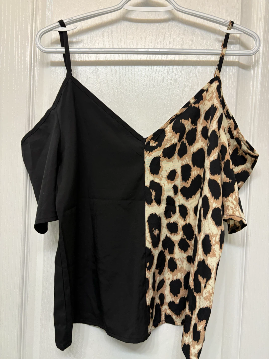 New Split Leopard and Black Cold Shoulder Top