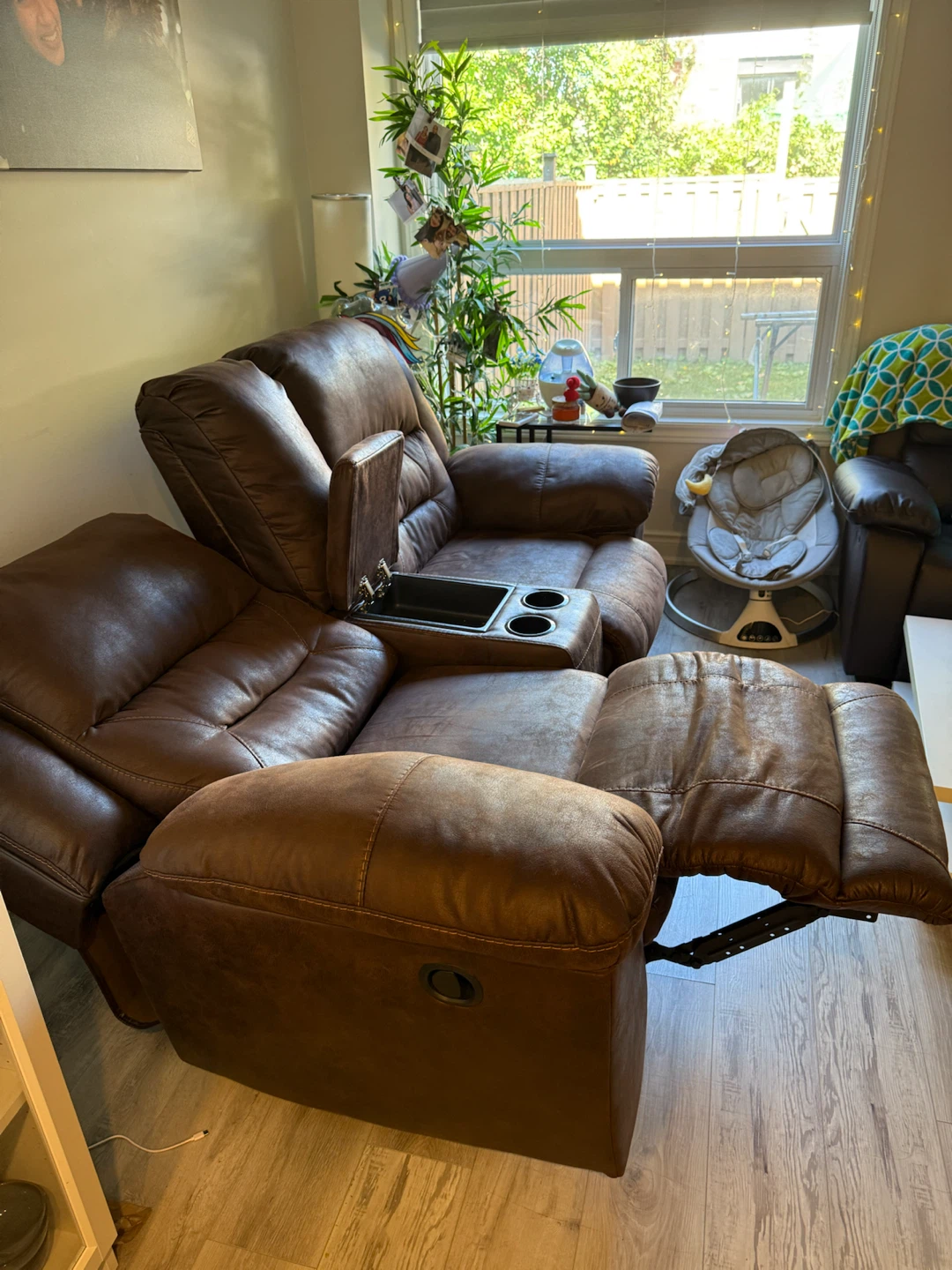 Chocolate Brown Faux Leather Reclining Loveseat with console
