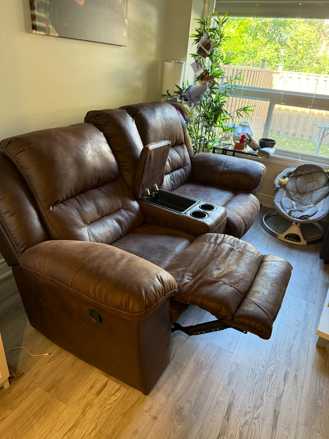 Chocolate Brown Faux Leather Reclining Loveseat with console - photo 2