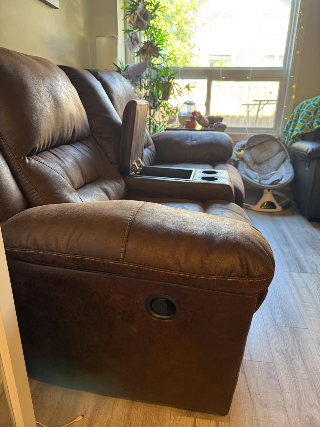 Chocolate Brown Faux Leather Reclining Loveseat with console - photo 3