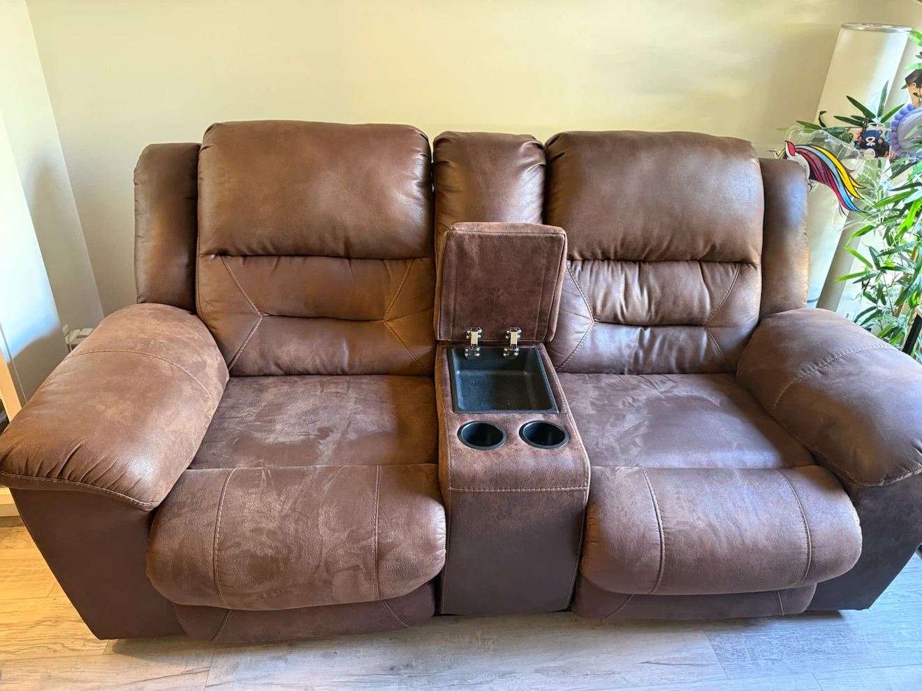 Chocolate Brown Faux Leather Reclining Loveseat with console - photo 5