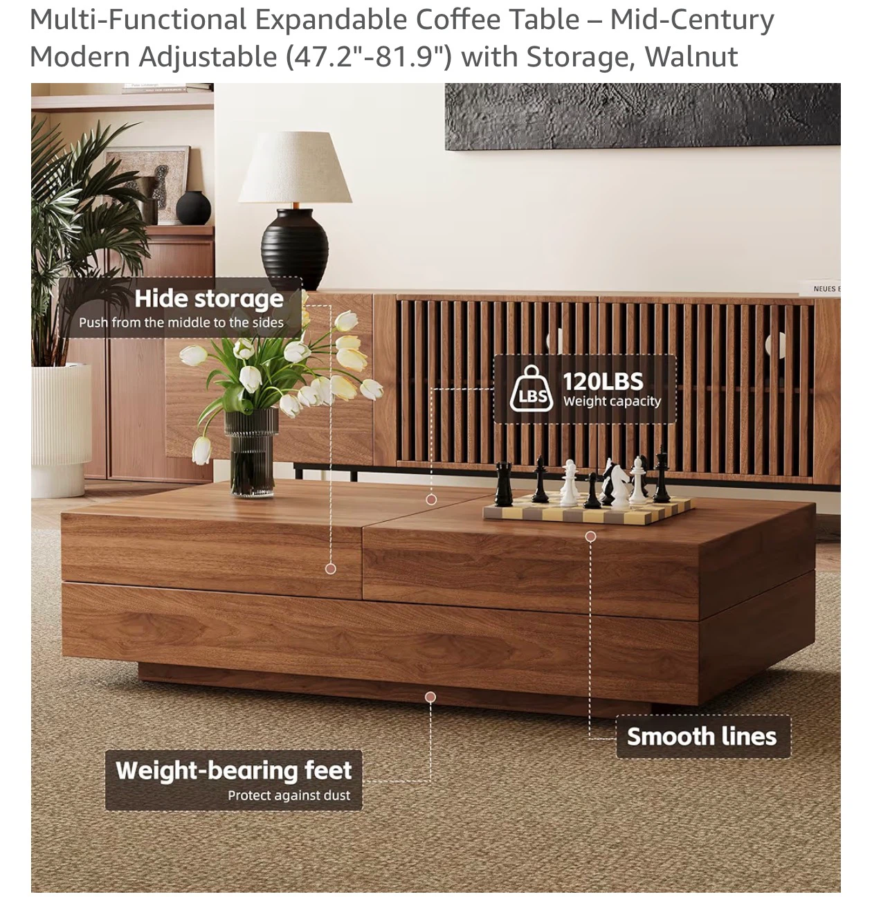 Expandable Coffee Table with Storage – Walnut