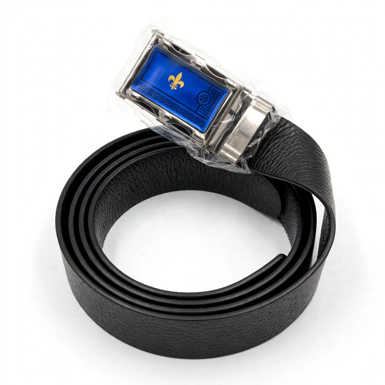 Black Automatic Ratchet Belt - Blue Buckle Gold Logo - BNWT