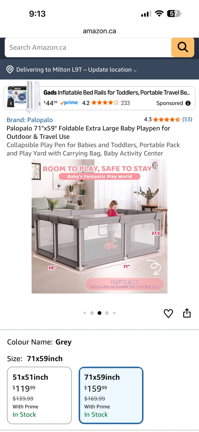 Palopalo Extra Large Baby Playpen 71x59 inch Grey