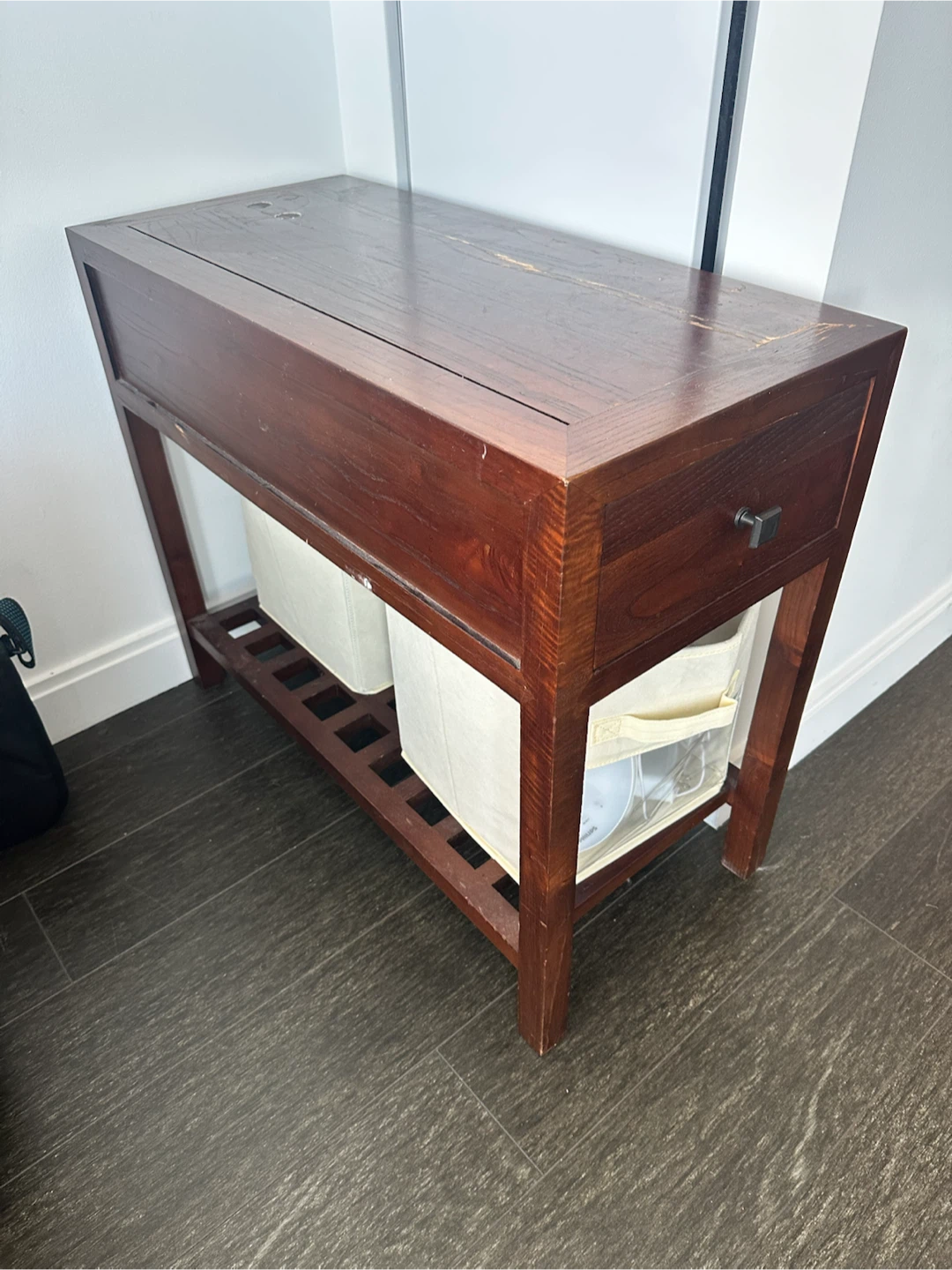 Wooden Side Table with Drawer and Storage Bins