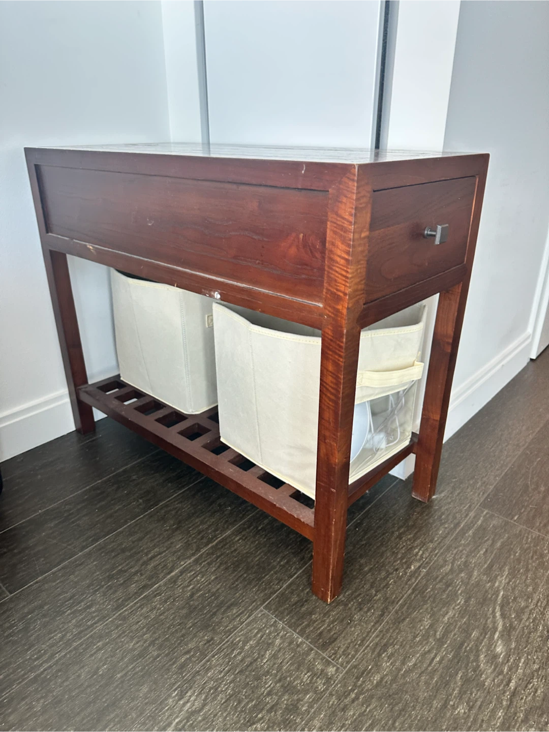 Wooden Side Table with Drawer and Storage Bins - photo 2