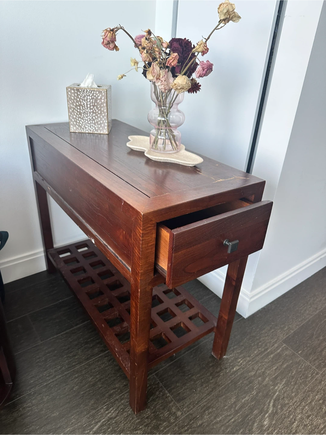 Wooden Side Table with Drawer and Storage Bins - photo 5