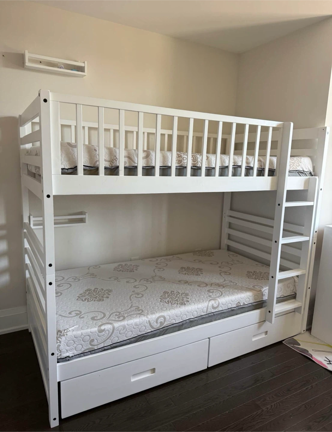 White Wooden Bunk Bed with Storage Drawers