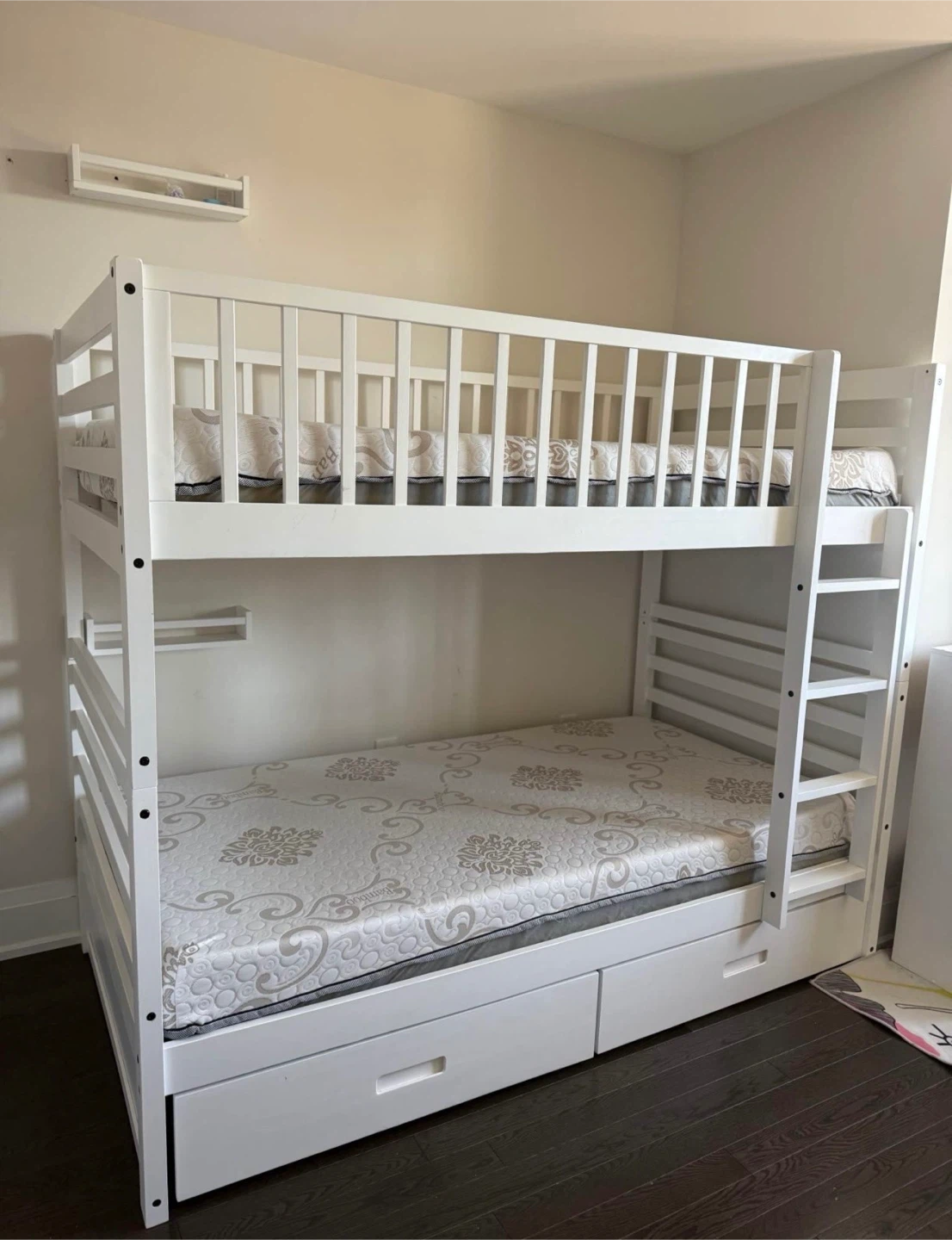 White Wooden Bunk Bed with Storage Drawers
