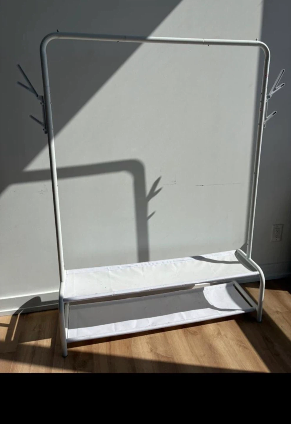 White Clothing Rack with Storage Shelves & Side Hooks
