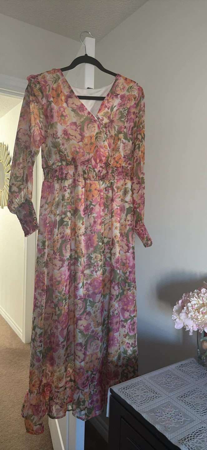 Floral Print Long Sleeve chiffon Maxi Dress