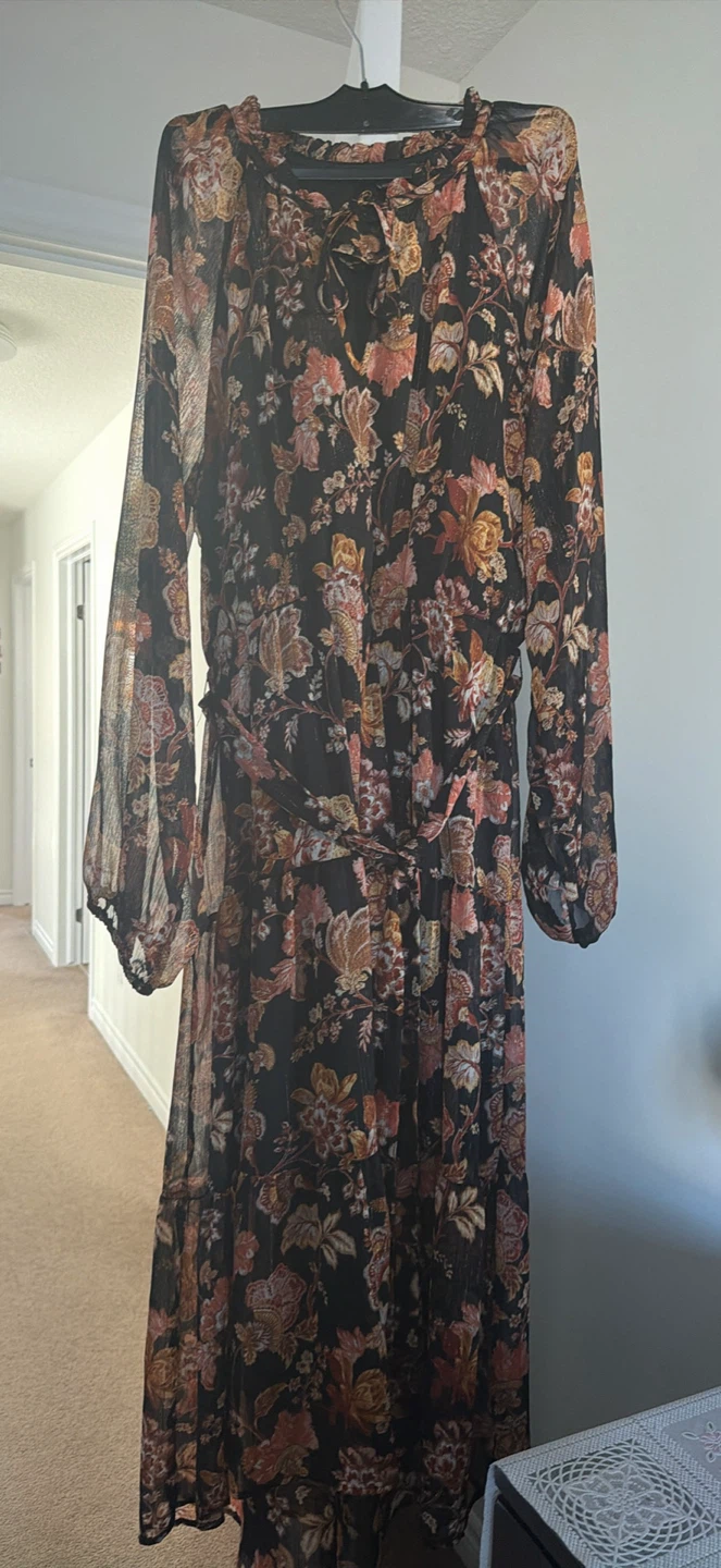 Tahari Floral Print Long Sleeve Chiffon Dress