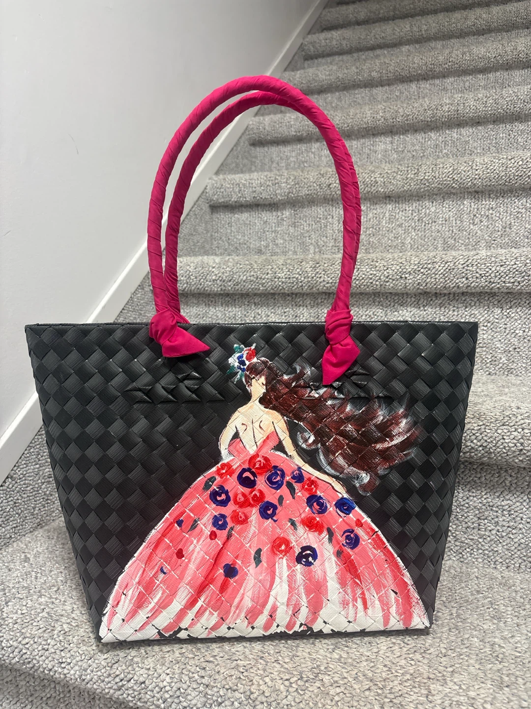 Hand-painted Black Tote Bag with Pink Handles