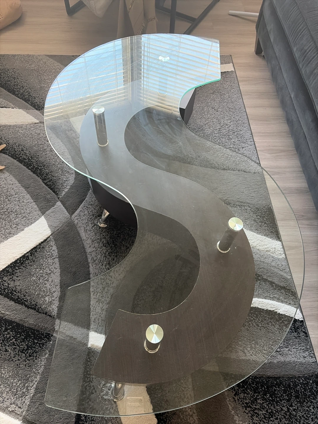 S-Shaped Glass and Wood Coffee Table