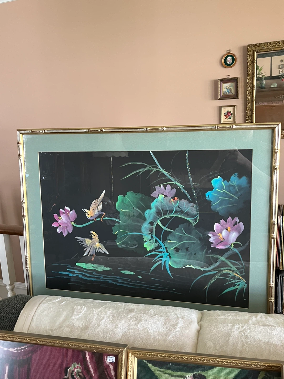 Large Framed Bird and Lotus Art real painting