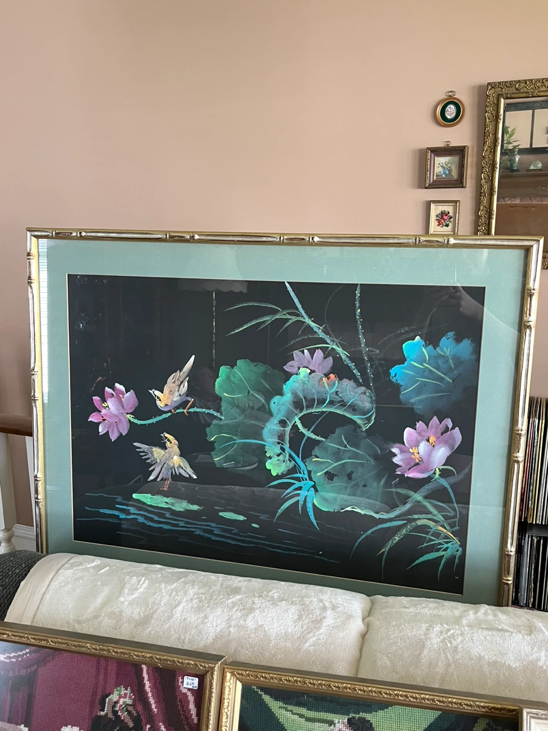Large Framed Bird and Lotus Art real painting - photo 2