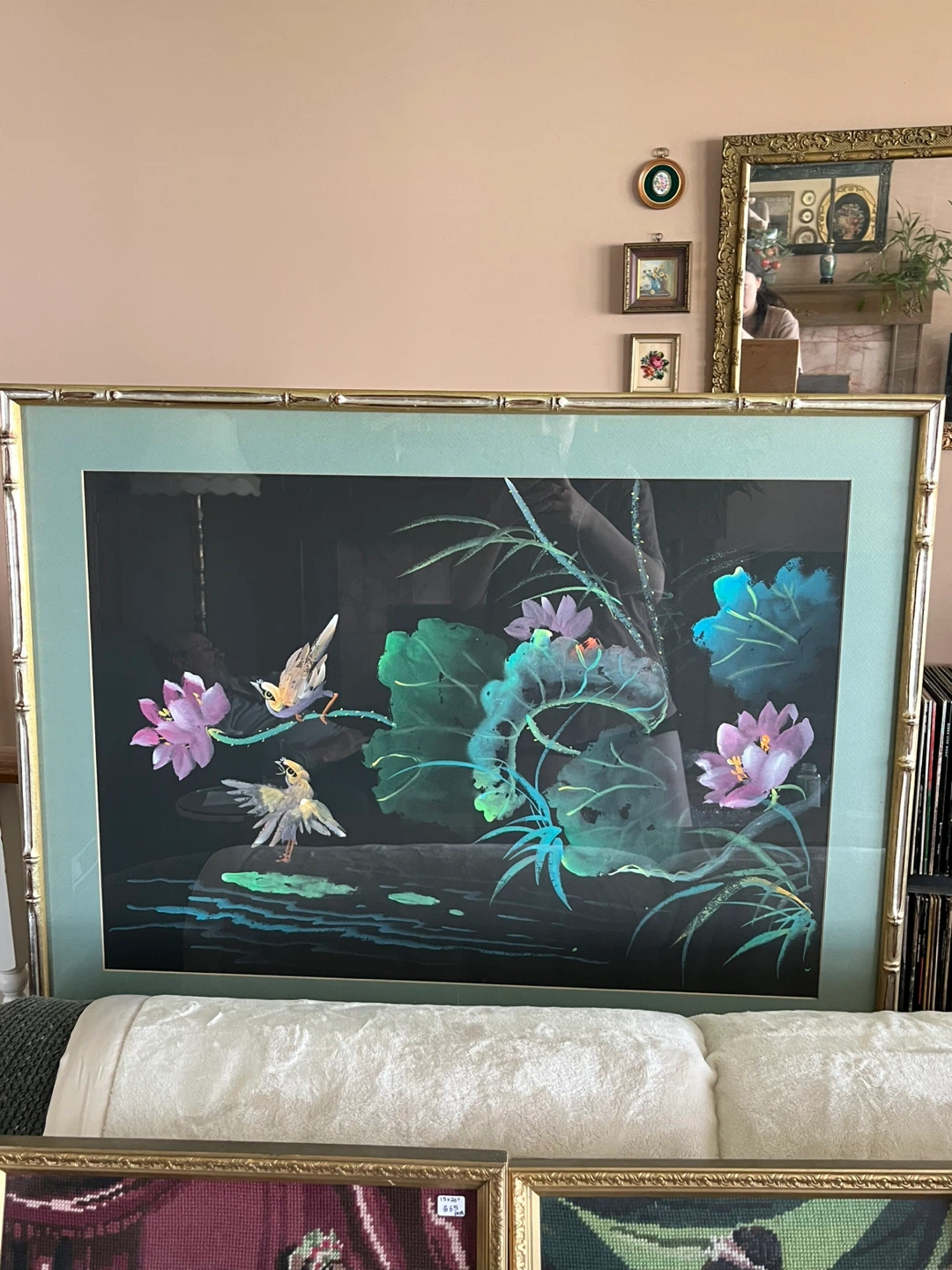 Large Framed Bird and Lotus Art real painting - photo 3