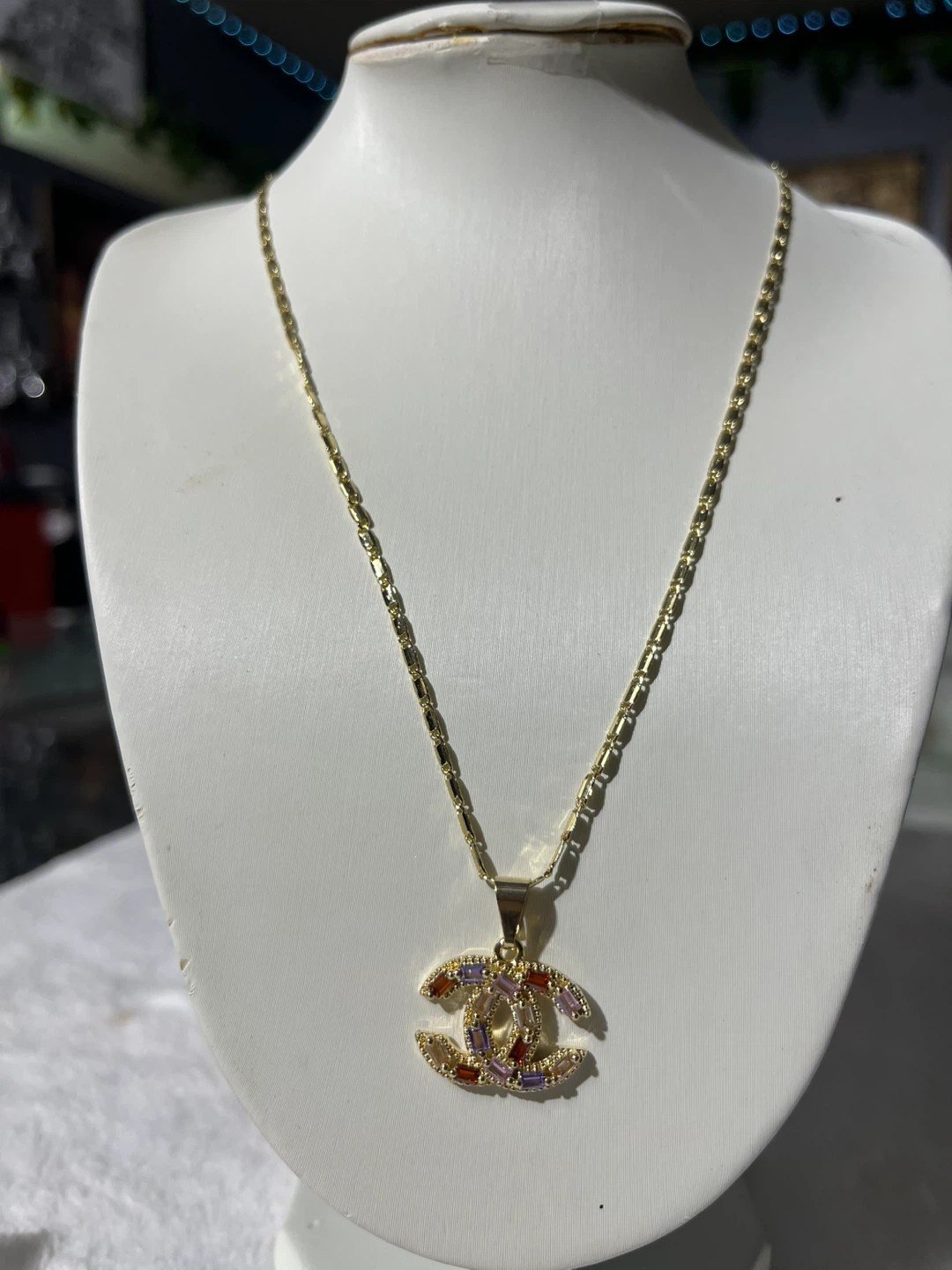 Gold Tone Multicolor Rhinestone Logo Necklace - photo 2