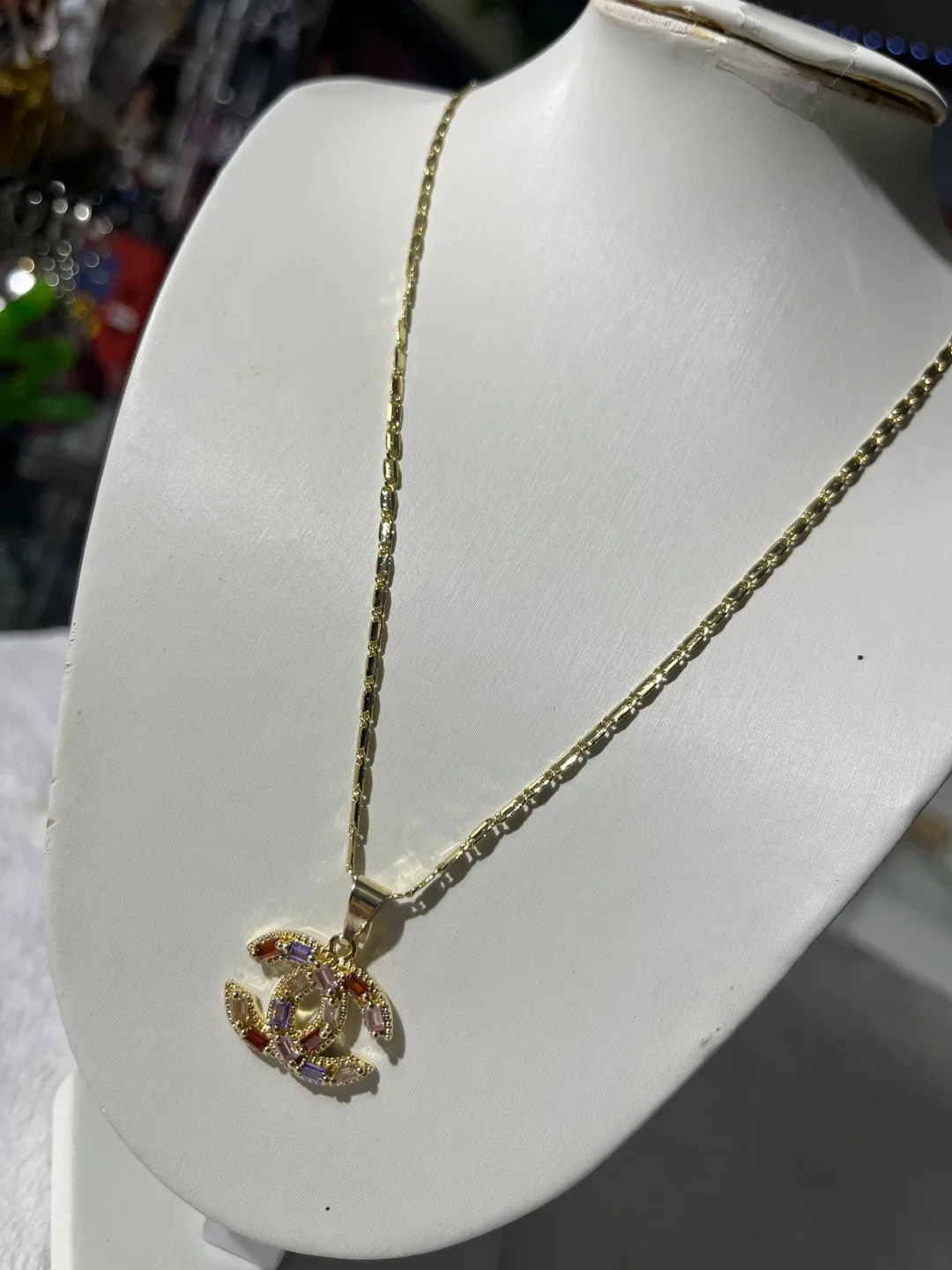 Gold Tone Multicolor Rhinestone Logo Necklace - photo 3