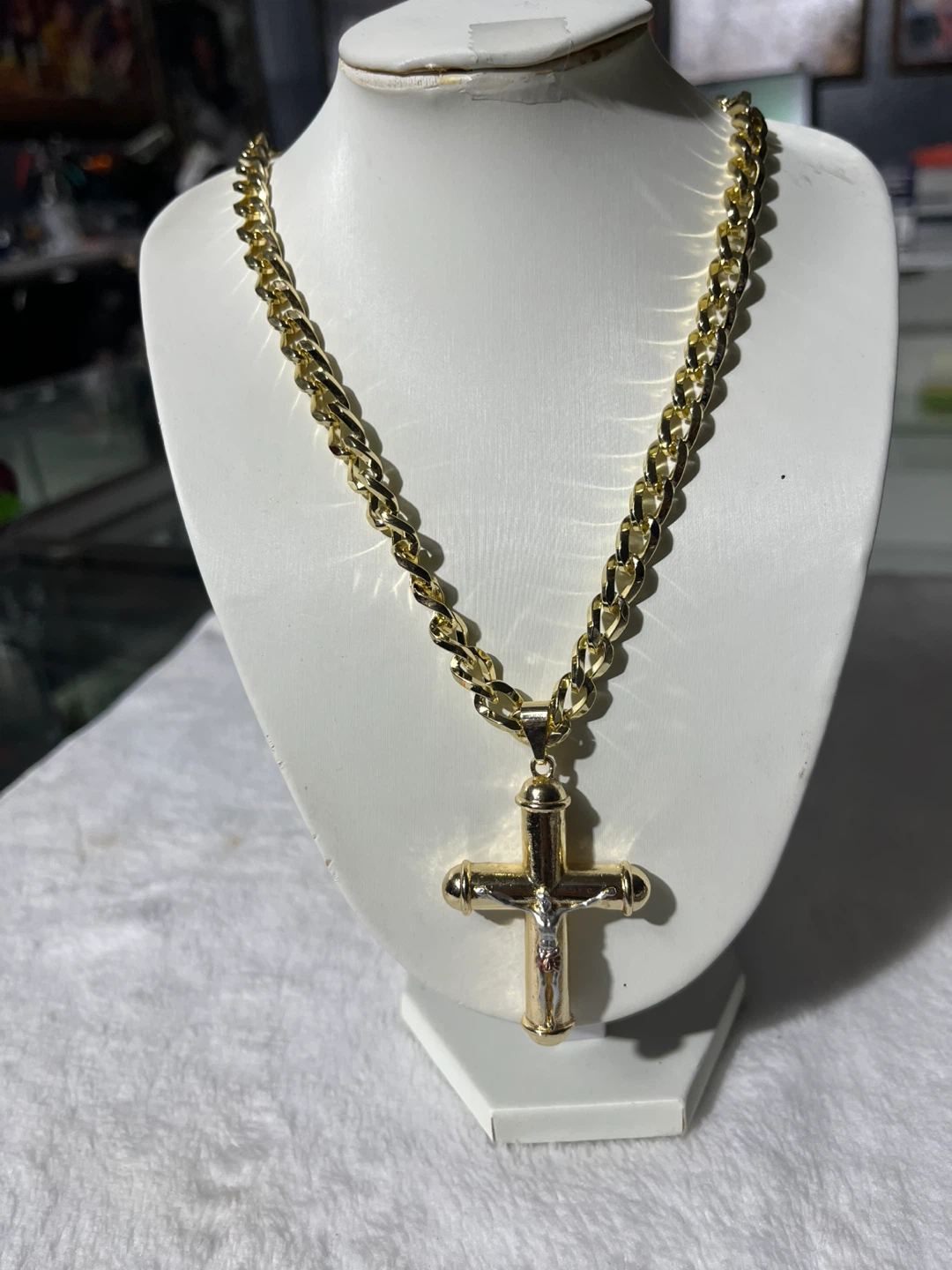 Gold-Tone Curb Chain with Crucifix Pendant