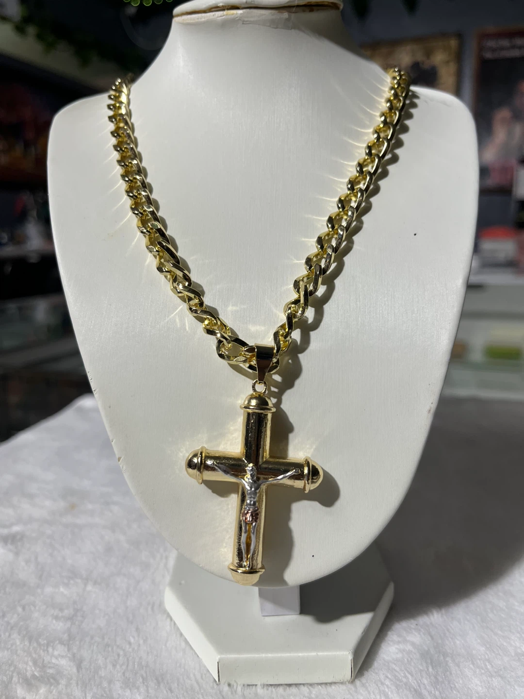 Gold-Tone Curb Chain with Crucifix Pendant - photo 3