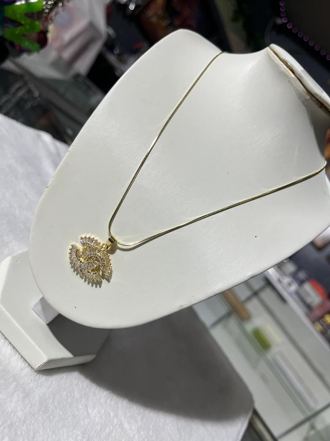Gold Tone CC Logo Rhinestone Necklace