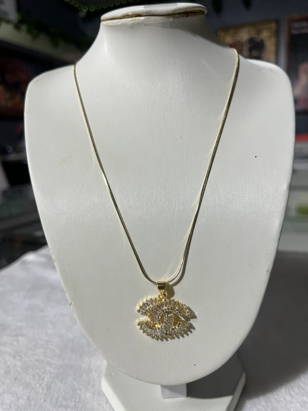 Gold Tone CC Logo Rhinestone Necklace - photo 2