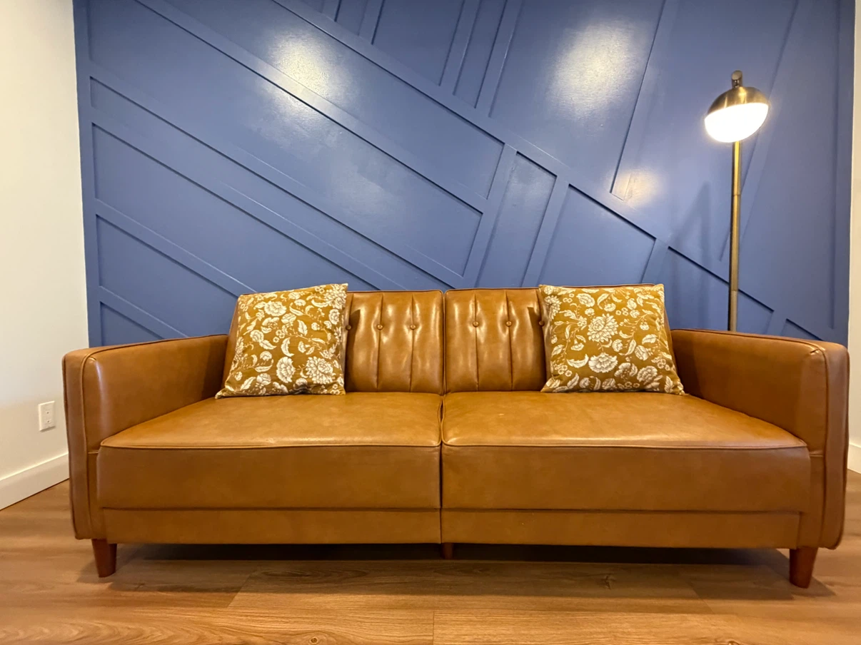 Moving Sale:Tan Faux Leather Convertible Sofa
