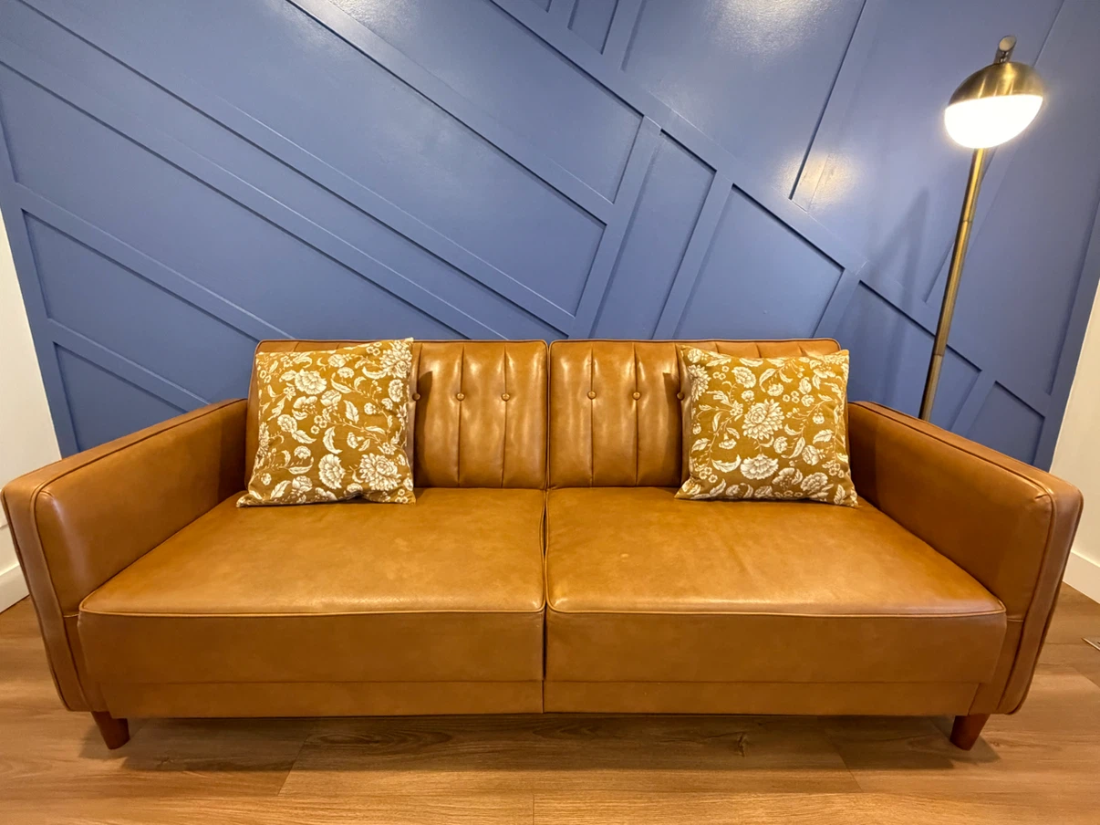 Moving Sale:Tan Faux Leather Convertible Sofa - photo 2