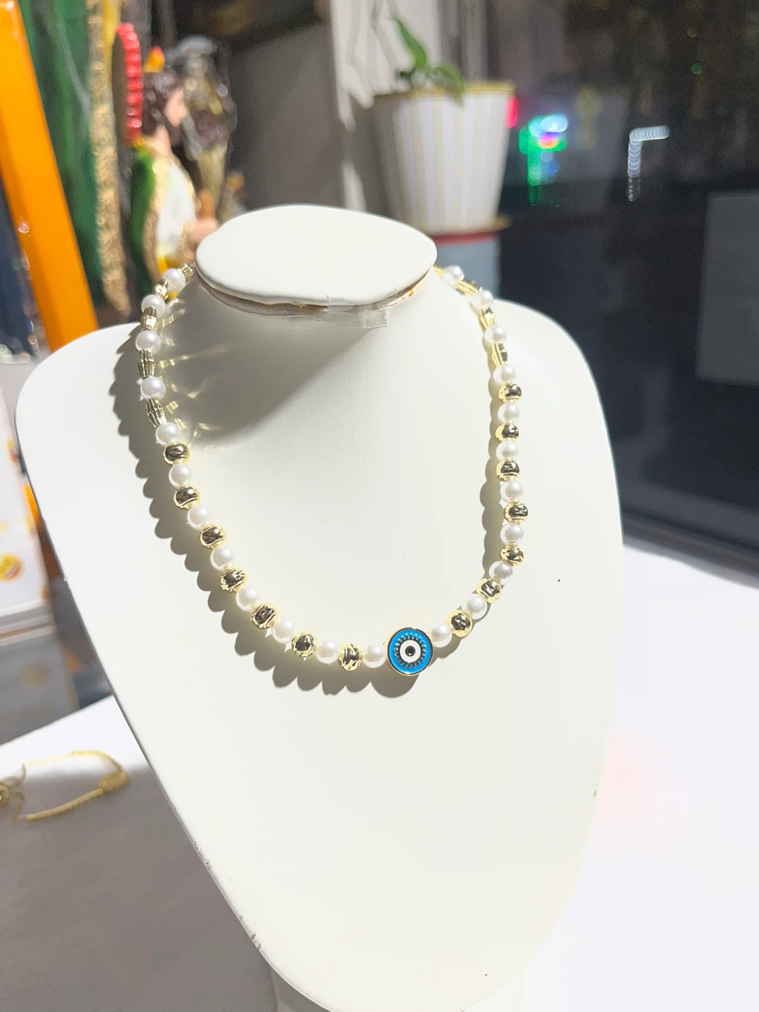 Evil Eye and Pearl Bead Necklace