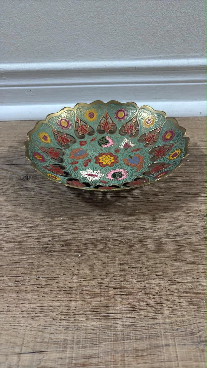 Vintage Hand-Painted Indian Brass & Enamel Footed Bowl