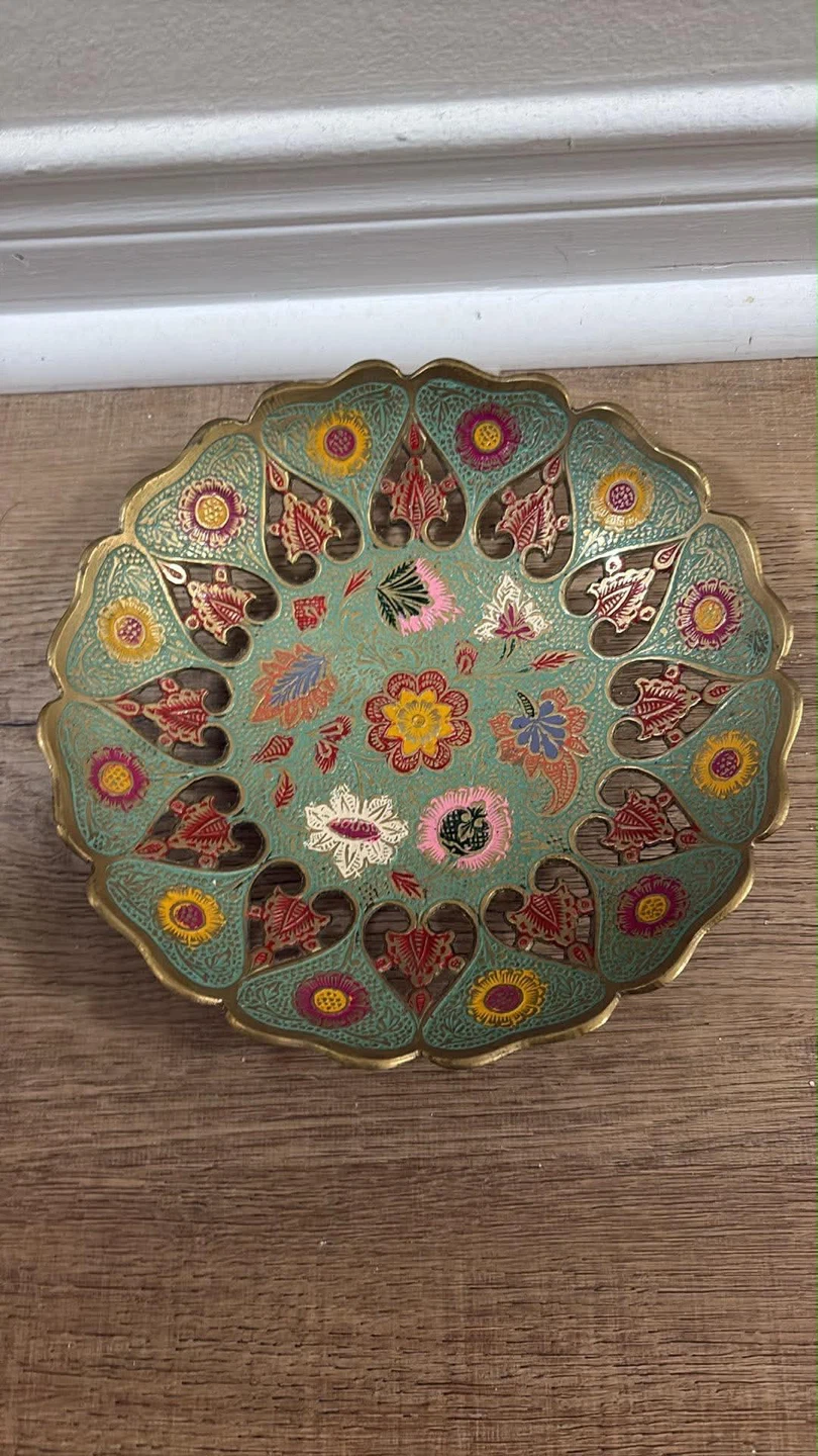 Vintage Hand-Painted Indian Brass & Enamel Footed Bowl - photo 2