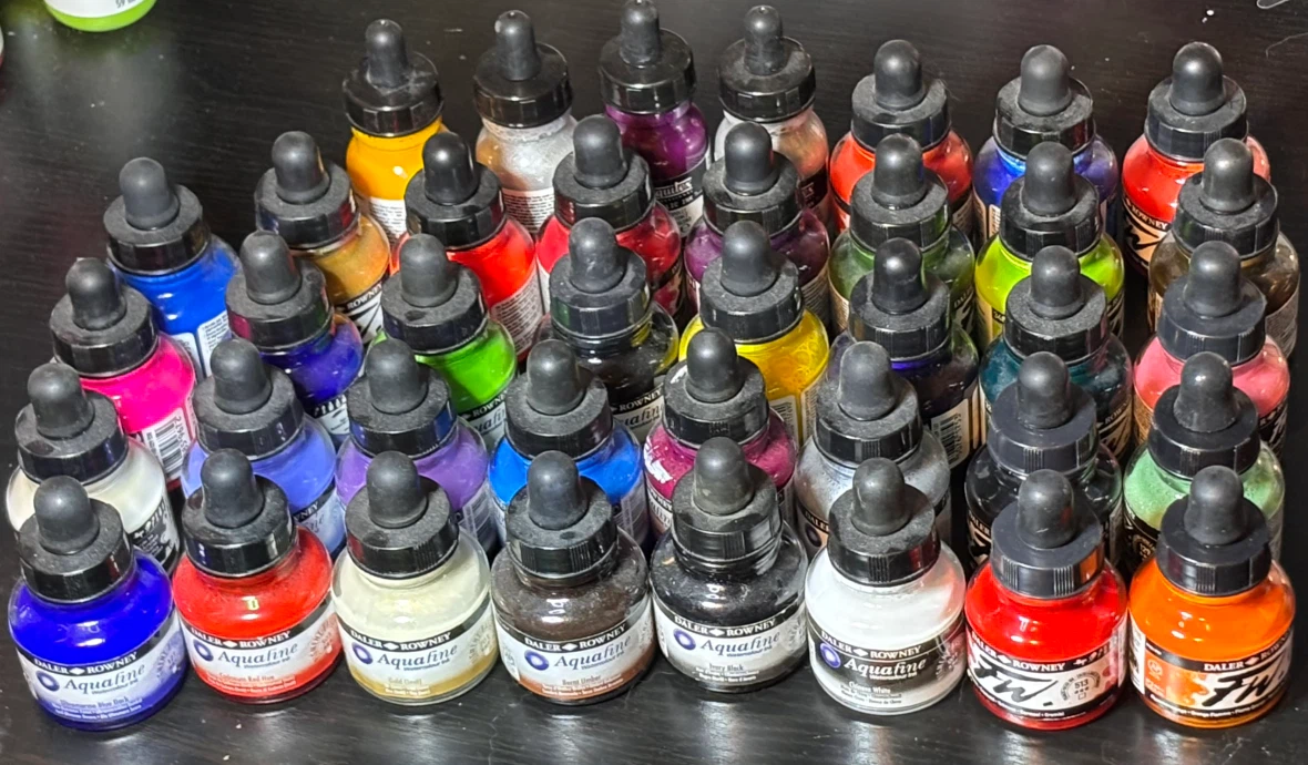 Daler Rowney aquafine watercolour ink,F.W. Acrylic,lot of 39
