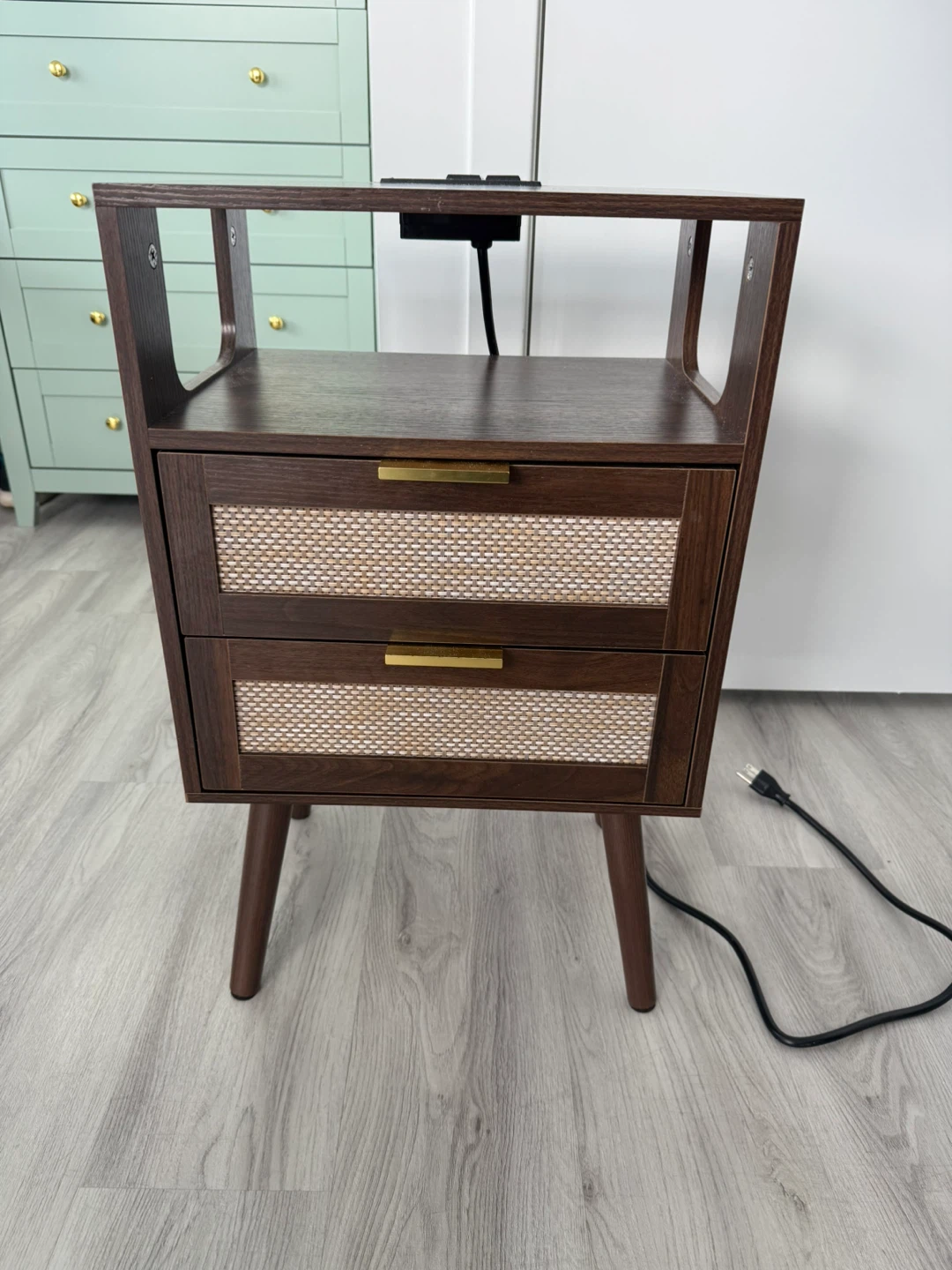 Modern Rattan Nightstand with Charging Station – 2 Drawers