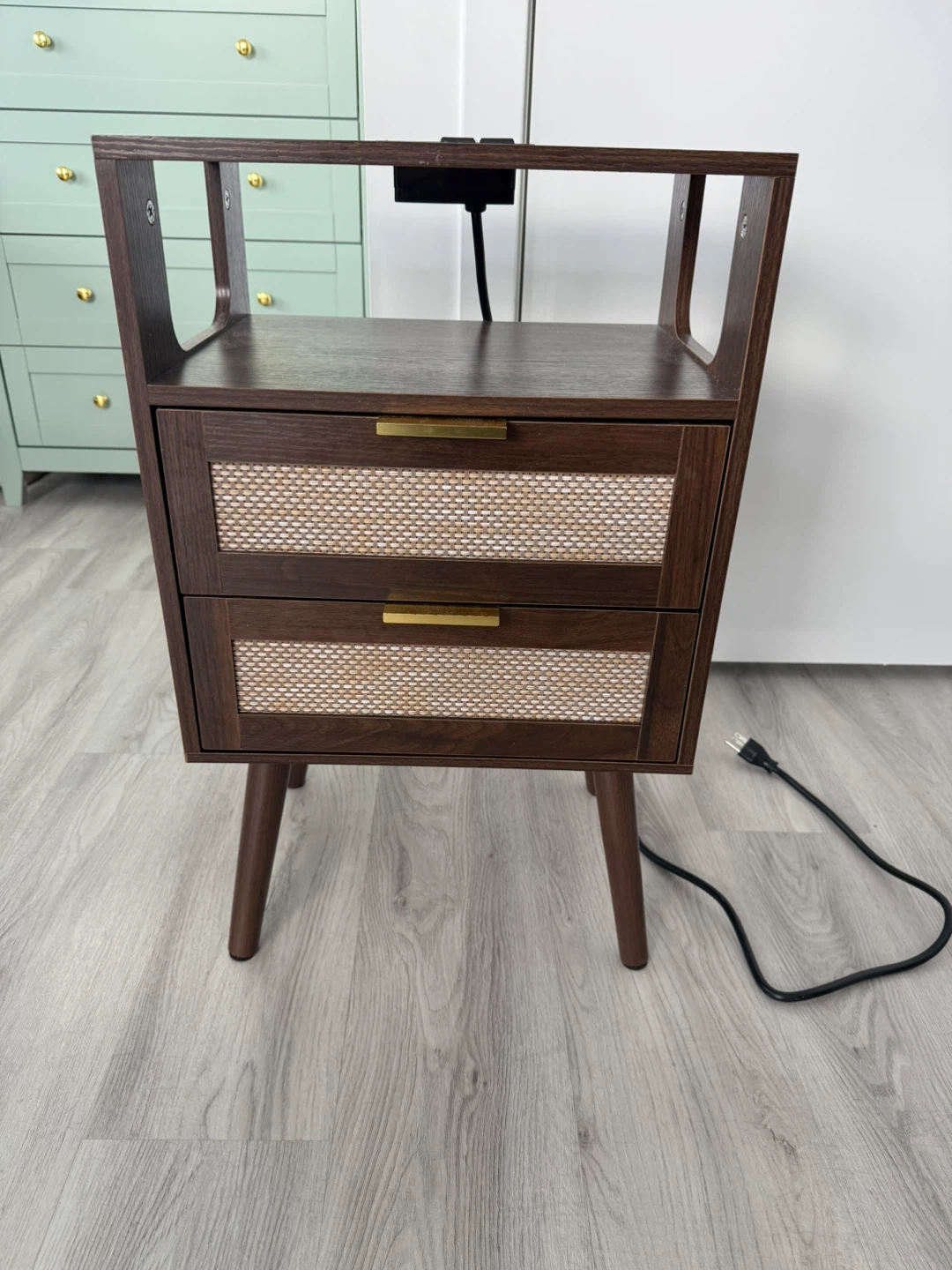 Modern Rattan Nightstand with Charging Station – 2 Drawers - photo 2