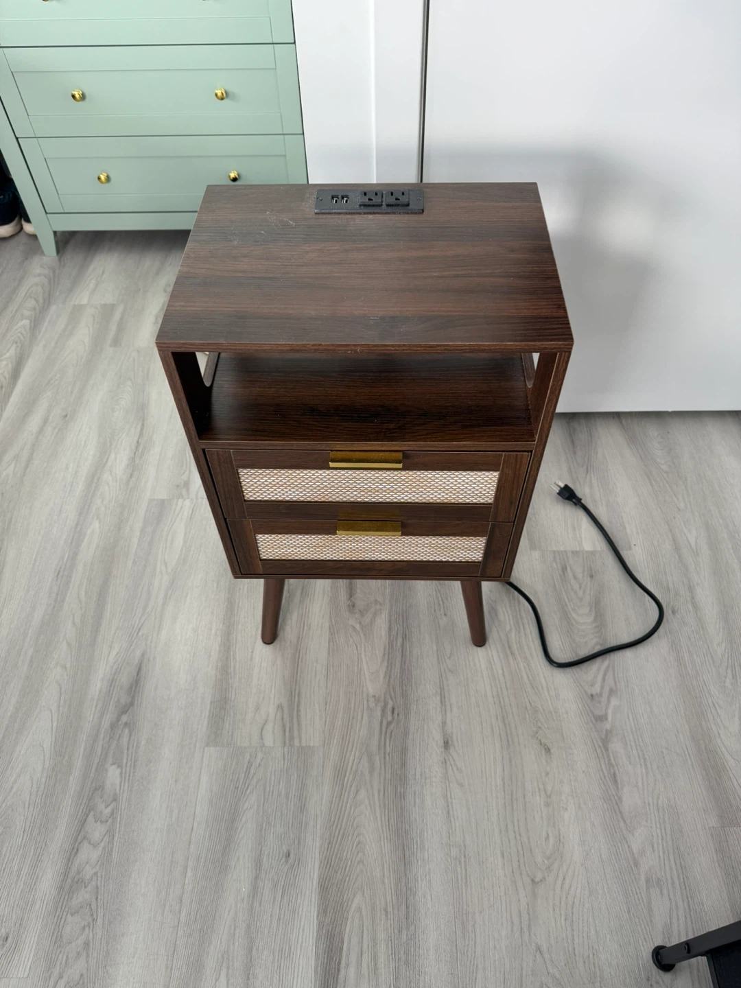 Modern Rattan Nightstand with Charging Station – 2 Drawers - photo 3