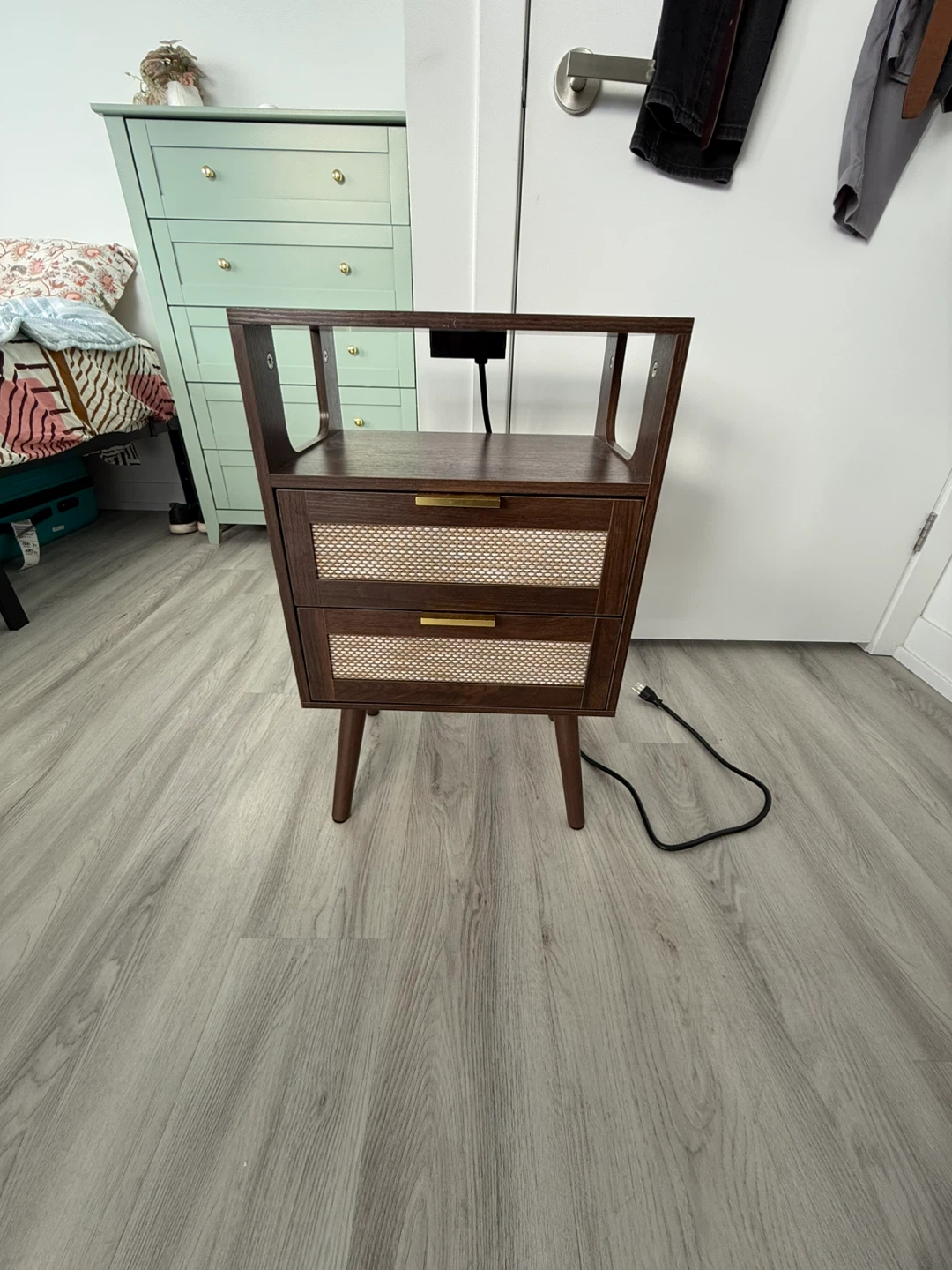 Modern Rattan Nightstand with Charging Station – 2 Drawers - photo 4