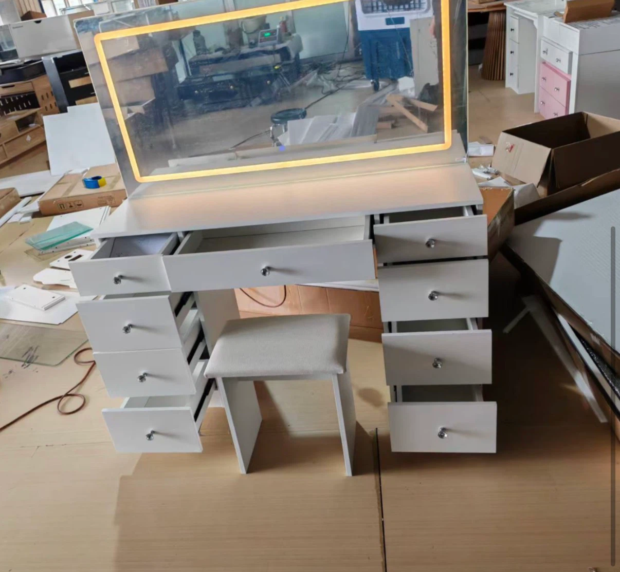 White Vanity Table with LED Mirror and Stool - photo 2