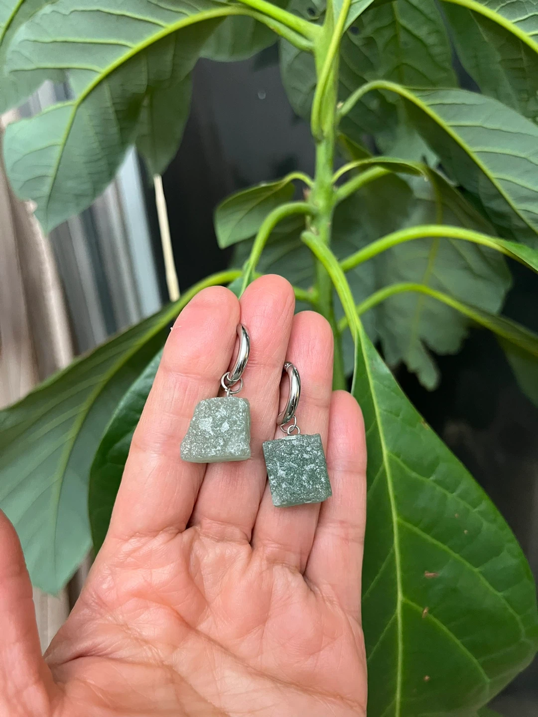 Raw Green Stone Hoop Earrings