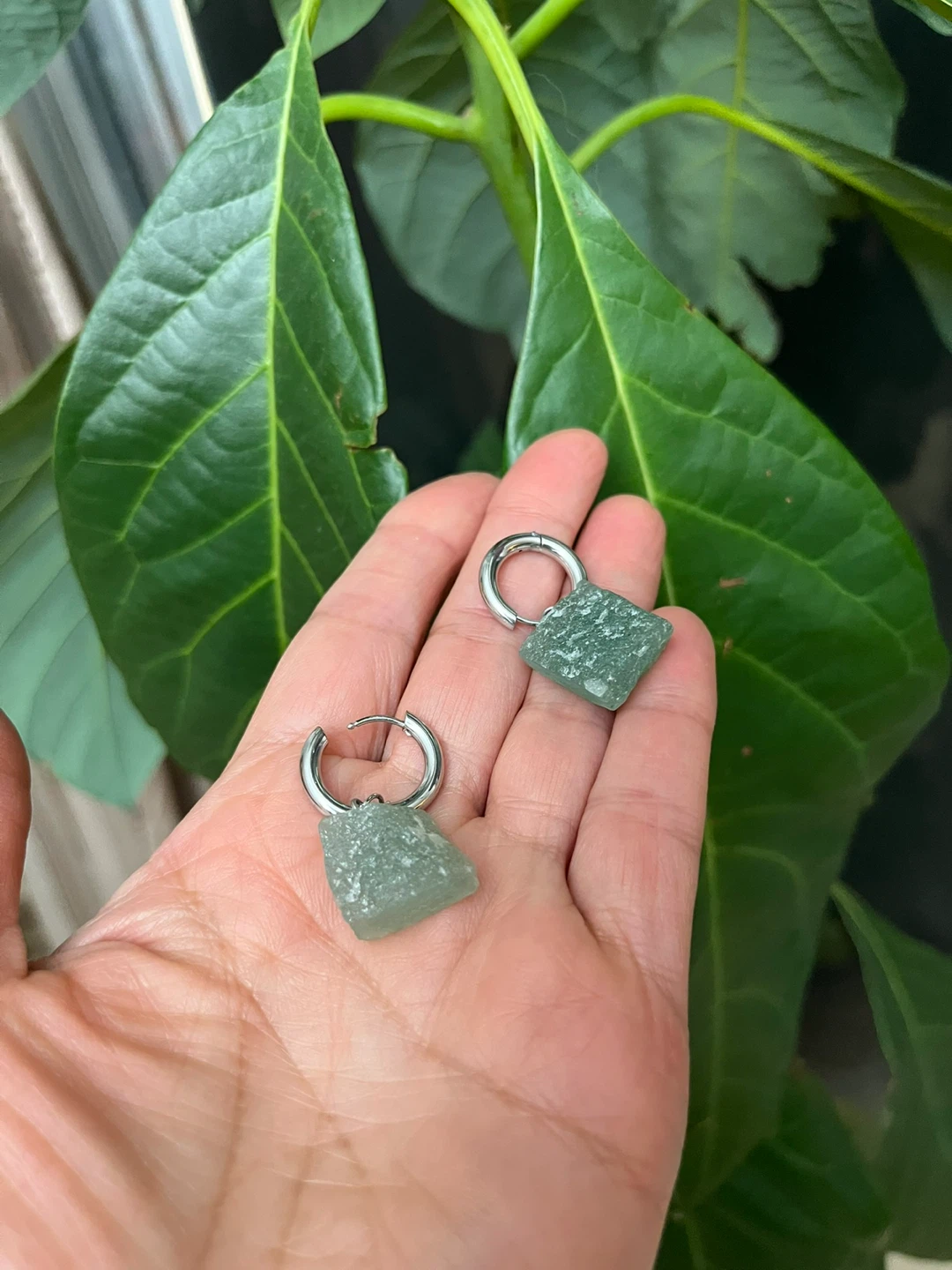 Raw Green Stone Hoop Earrings - photo 2