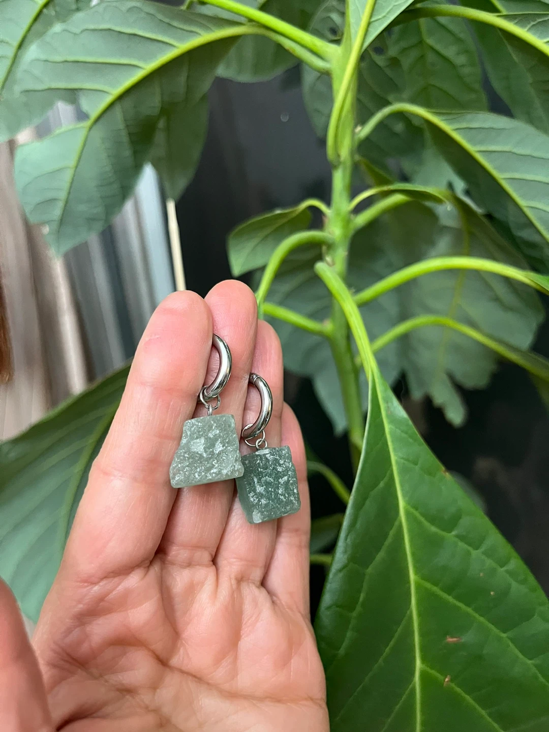 Raw Green Stone Hoop Earrings - photo 3