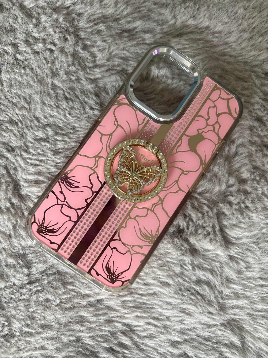 Pink Butterfly Floral Phone Case with Ring Stand