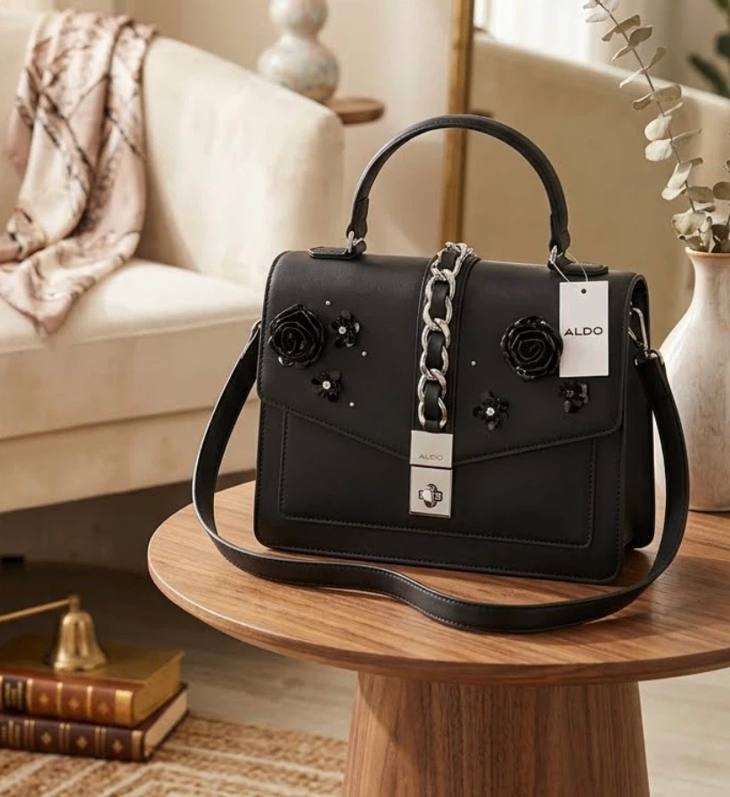 ALDO Black Floral Satchel Handbag