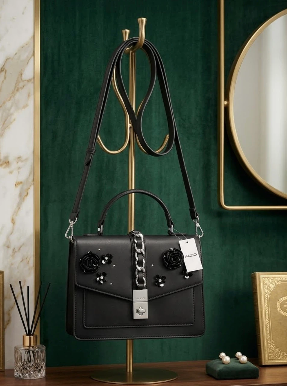 ALDO Black Floral Satchel Handbag - photo 2
